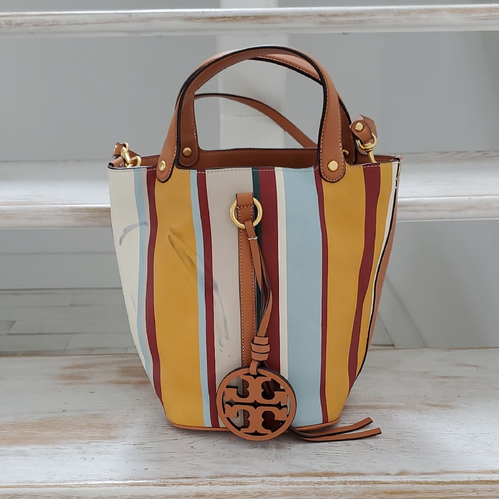 Tory Burch Miller Striped Leather Bucket Bag. Never Used Marks On Bag See Pics